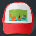 Retro Space Age Kitty Trucker Hat<br><div class="desc">It is said that dogs have owners and cats have staff. The feline on this Retro Space Age Kitty Trucker Hat couldn't agree more! The 1960's style, minimalist art design features a sleek, black cat in a mid century modern living room. The sophisticated room prominently features a green, stone wall....</div>