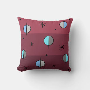 Retro Space Age Planets Stars Maroon Throw Pillow