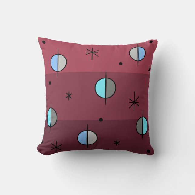 Retro Space Age Planets Stars Maroon Throw Pillow (Front)