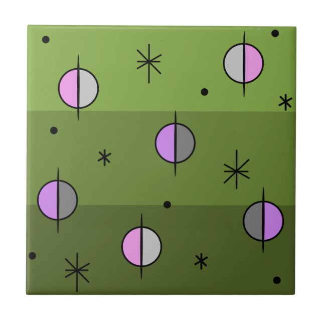 Retro Space Age Planets Stars Olive Green Tile (Front)