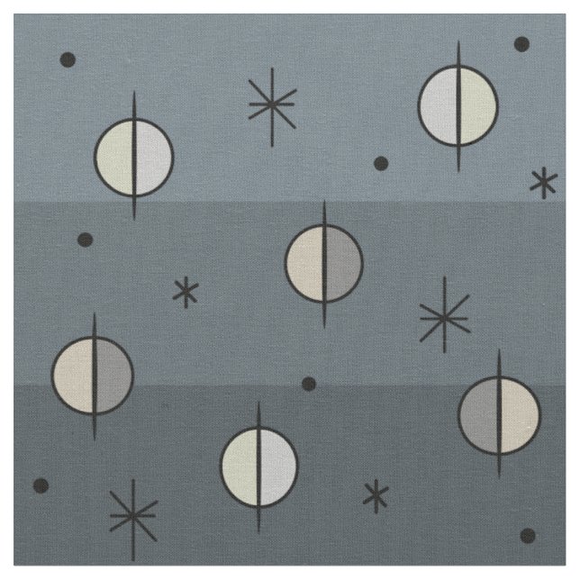 Retro Space Age Planets Stars Slate Grey Fabric (Close Up)