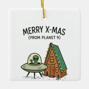 Retro Space Alien Christmas UFO Holiday Cabin Art Ceramic Ornament