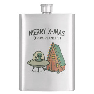 Retro Space  Alien Christmas UFO Holiday Cabin Art Hip Flask