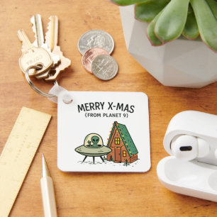 Retro Space Alien Christmas UFO Holiday Cabin Art Keychain
