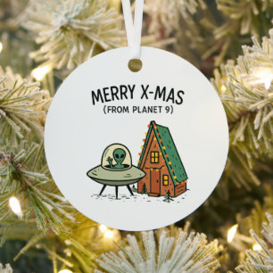 Retro Space Alien Christmas UFO Holiday Cabin Art Metal Ornament