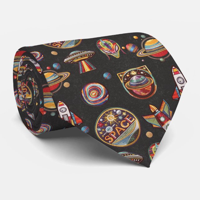 Retro Space and UFO Pattern for Sci-Fi Fans Tie (Rolled)