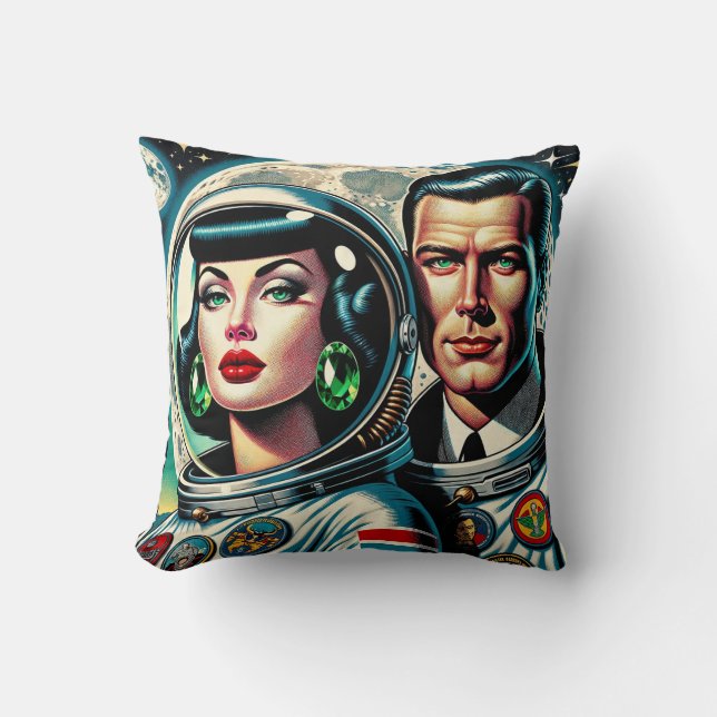 Retro Space Astronauts Throw Pillow (Front)