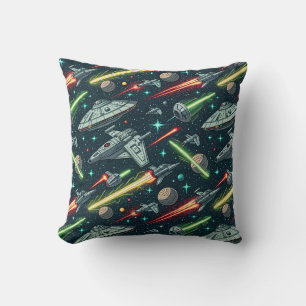 Retro Space Battle Sci-Fi Spaceship Comic Pattern Throw Pillow