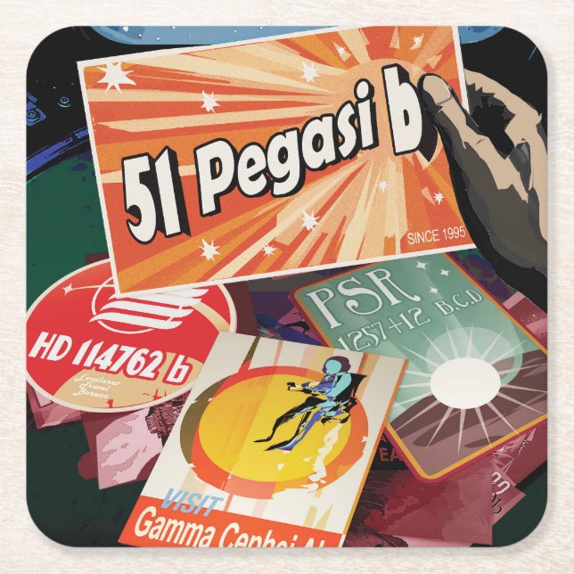 Retro Space Poster-Exoplanet Discovery 51 Pegasi B Square Paper Coaster (Front)