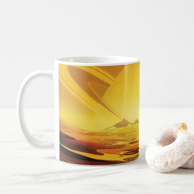 Retro Space Poster-Saturn's Largest Moon, Titan. Coffee Mug (With Donut)
