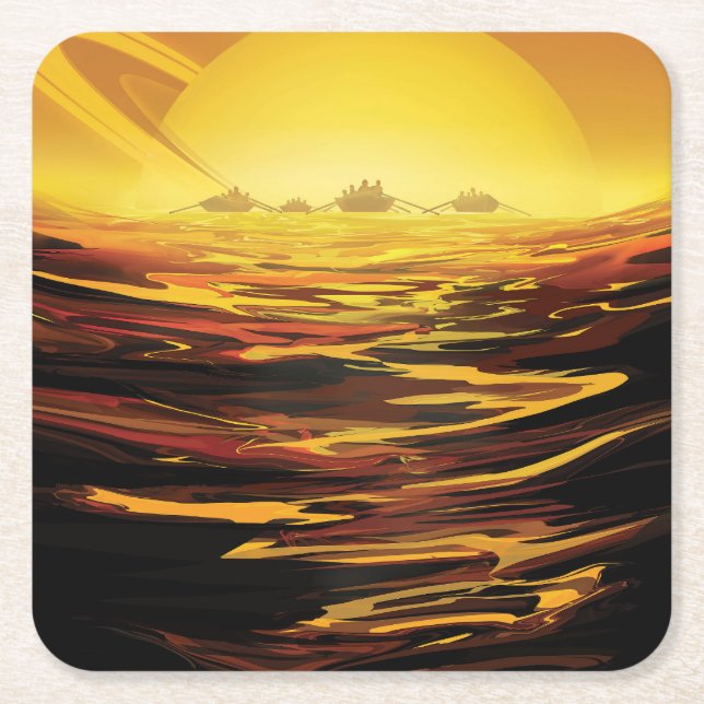 Retro Space Poster-Saturn's Largest Moon, Titan. Square Paper Coaster (Front)