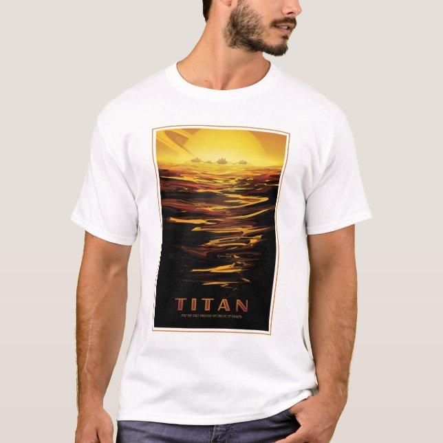 Retro Space Poster-Saturn's Largest Moon, Titan. T-Shirt (Front)