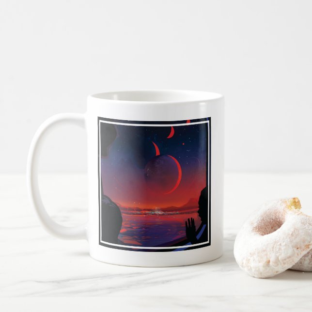 Retro Space Poster - Viewers Observe Trappist-1e. Coffee Mug (With Donut)