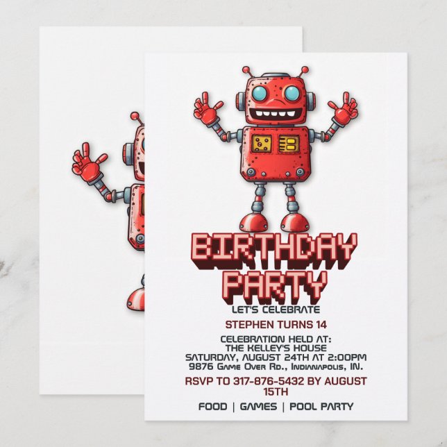 Retro Space Robot Birthday Party Invitations (Front/Back)