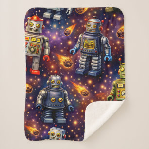 Retro space robots and flaming come super soft plu sherpa blanket