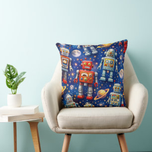 Retro space robots Galactic voyage decorative thro Throw Pillow
