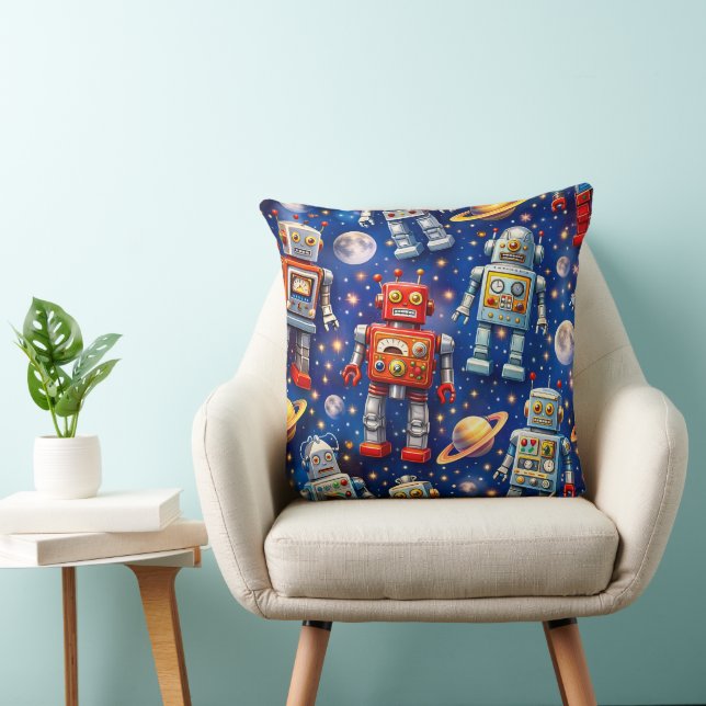 Retro space robots Galactic voyage decorative thro Throw Pillow (Chair)