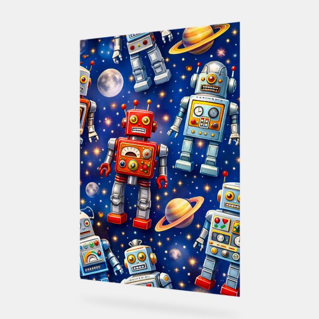 Retro space robots Galactic voyage fine art poster (Angle)