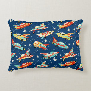 Retro Space Rocket Cars Blue Cute Kids Pattern Accent Pillow