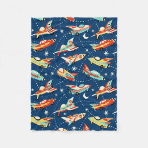 Retro Space Rocket Cars Blue Cute Kids Pattern Fleece Blanket