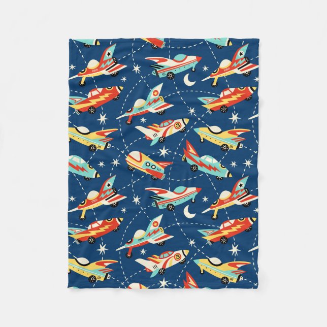 Retro Space Rocket Cars Blue Cute Kids Pattern Fleece Blanket (Front)