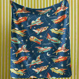 Retro Space Rocket Cars Blue Kids Name Sherpa Blanket
