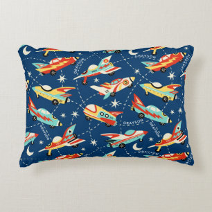 Retro Space Rocket Cars Blue Personalized Name Accent Pillow