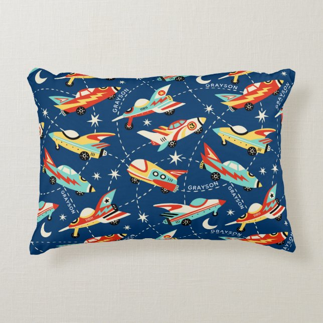 Retro Space Rocket Cars Blue Personalized Name Accent Pillow (Front)
