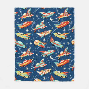 Retro Space Rocket Cars Blue Personalized Name Fleece Blanket