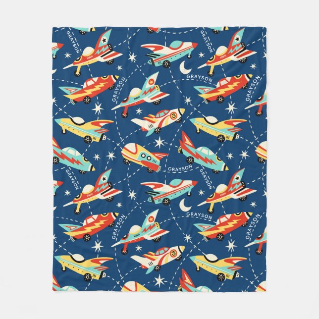 Retro Space Rocket Cars Blue Personalized Name Fleece Blanket (Front)