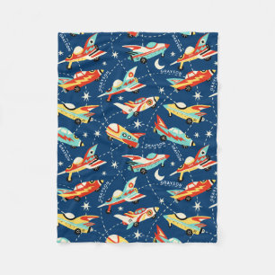 Retro Space Rocket Cars Blue Personalized Name Fleece Blanket