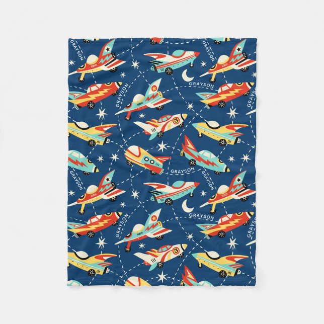 Retro Space Rocket Cars Blue Personalized Name Fleece Blanket (Front)