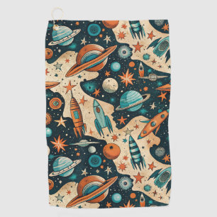 Retro Space Rocket Planets Orange Teal Nursery Golf Towel