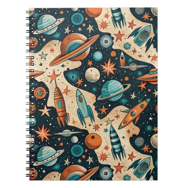 Retro Space Rocket Planets Orange Teal Nursery Notebook (Front)