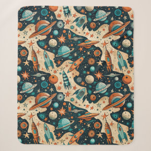 Retro Space Rocket Planets Orange Teal Nursery Sherpa Blanket