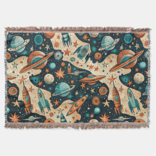 Retro Space Rocket Planets Orange Teal Nursery Throw Blanket