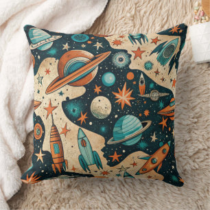 Retro Space Rocket Planets Orange Teal Nursery Throw Pillow
