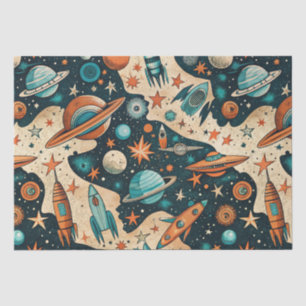 Retro Space Rocket Planets Orange Teal Nursery Tissue Paper
