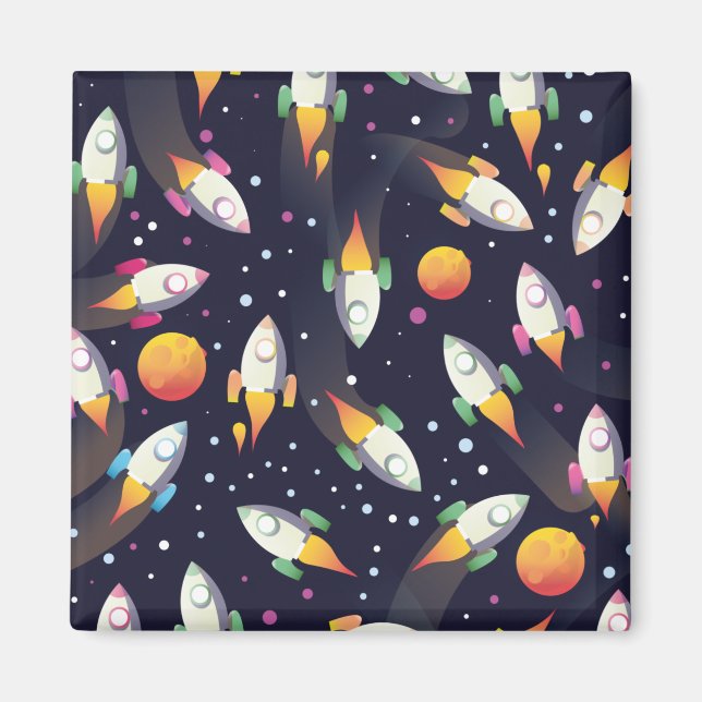 Retro Space Rockets Pattern Magnet (Front)