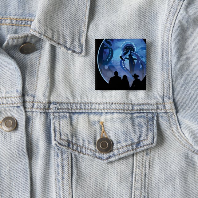 Retro Space Travel Poster- Jupiter's Moon Europa. 2 Inch Square Button (In Situ)