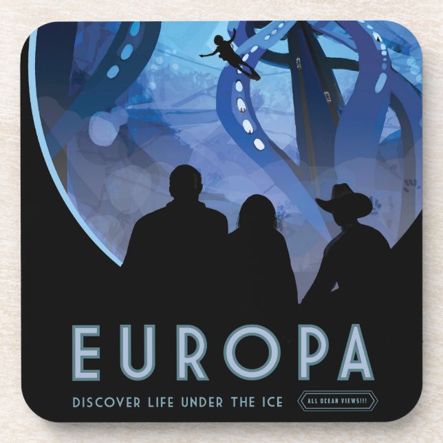 Retro Space Travel Poster- Jupiter's Moon Europa. Coaster (Front)