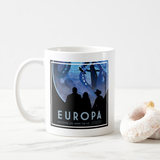Retro Space Travel Poster- Jupiter's Moon Europa. Coffee Mug (With Donut)