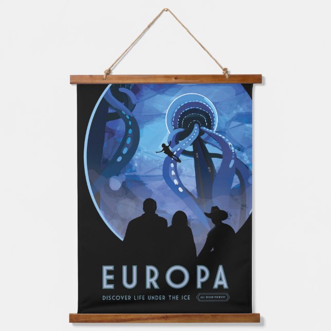 Retro Space Travel Poster- Jupiter's Moon Europa. Hanging Tapestry (Front)