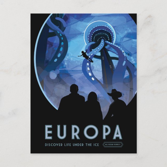 Retro Space Travel Poster- Jupiter's Moon Europa. Postcard (Front)