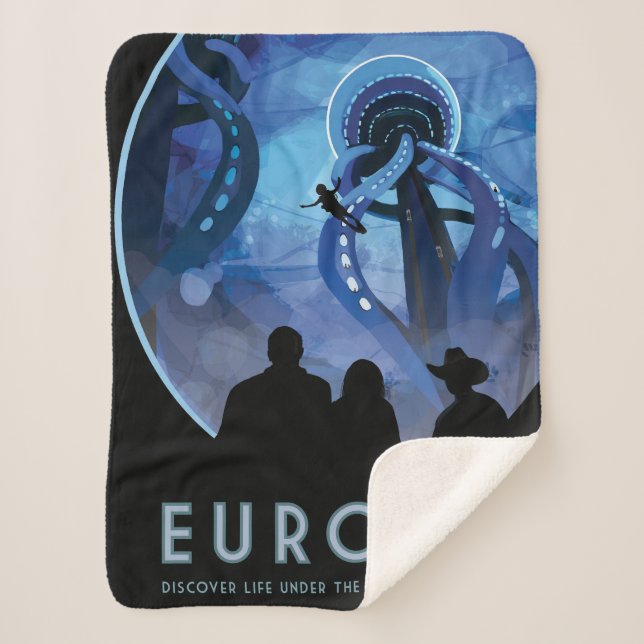 Retro Space Travel Poster- Jupiter's Moon Europa. Sherpa Blanket (Front)
