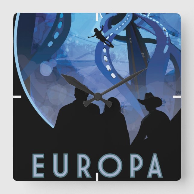 Retro Space Travel Poster- Jupiter's Moon Europa. Square Wall Clock (Front)