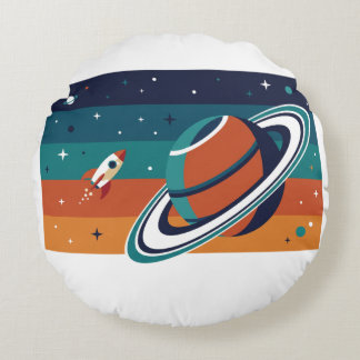 Retro Space Travel Poster Ringed Planet Round Pillow