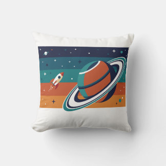 Retro Space Travel Poster Ringed Planet Throw Pillow