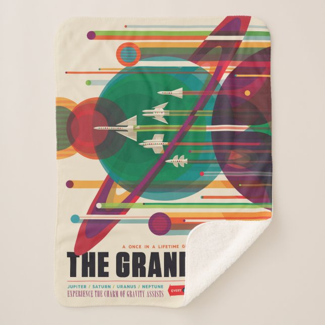 Retro Space Travel Poster- Solar System Grand Tour Sherpa Blanket (Front)