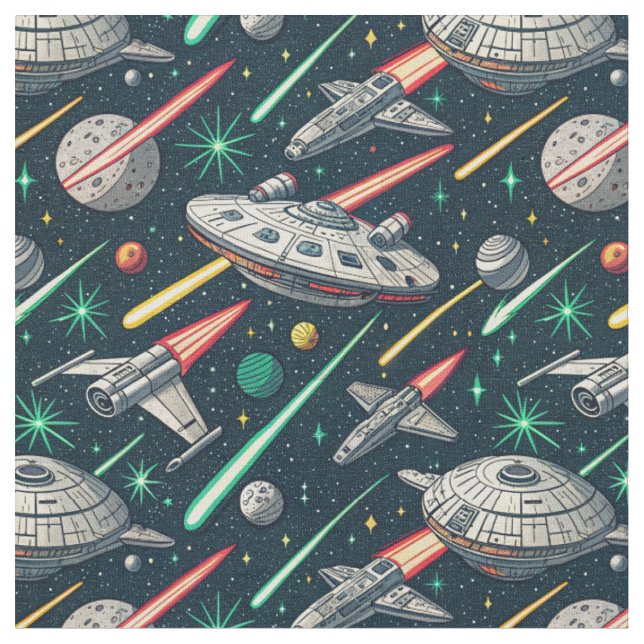 Retro Spaceship Sci-Fi Space Battle Comic Pattern Fabric (Close Up)